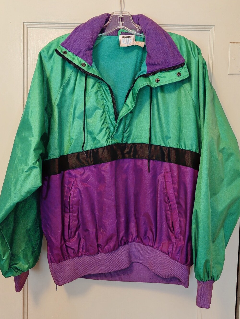 Vintage Sears Blues Windbreaker Large 80s 90s Teal Purple Colorblock Jacket